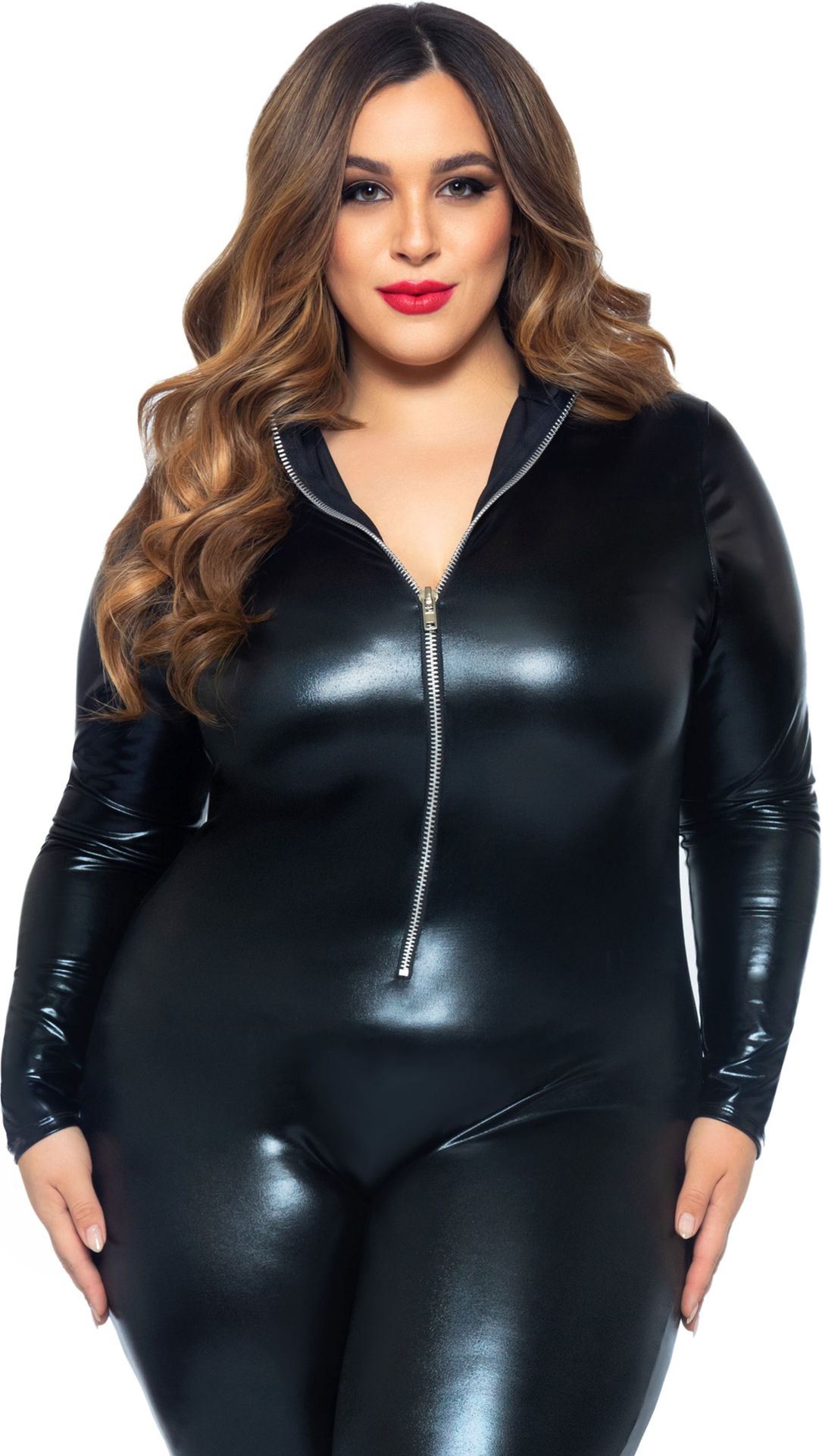 Zwarte wetlook catsuit plus size